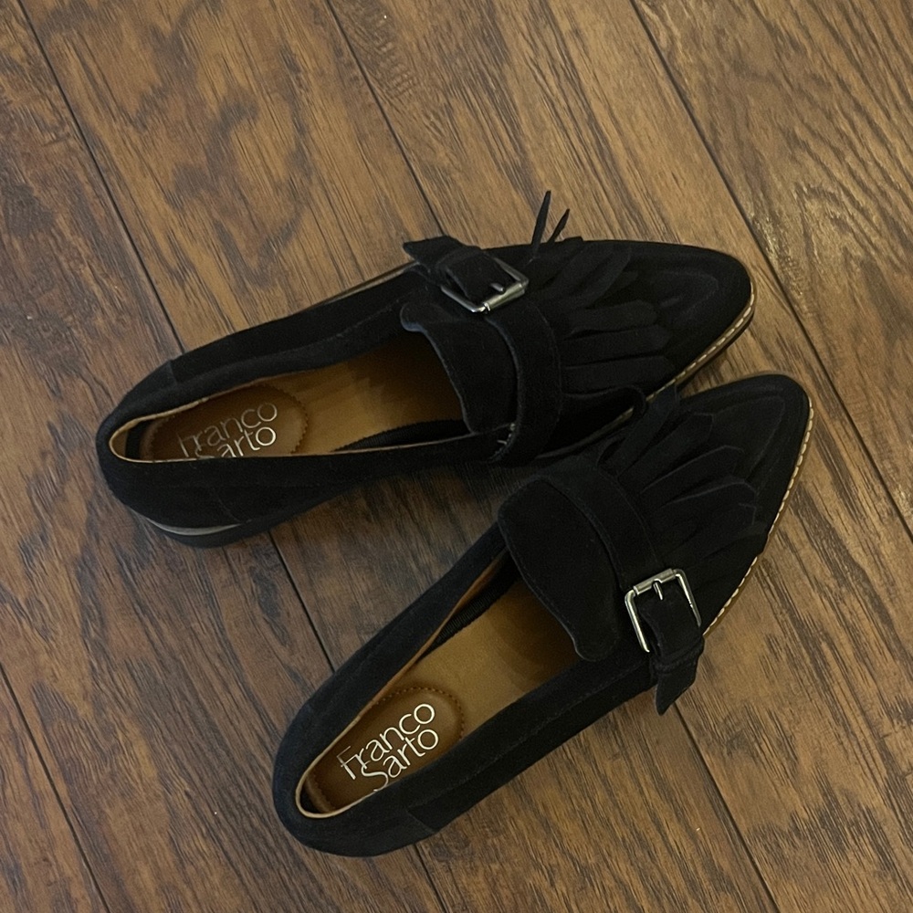 Franco Sarto Black Fringe Loafers